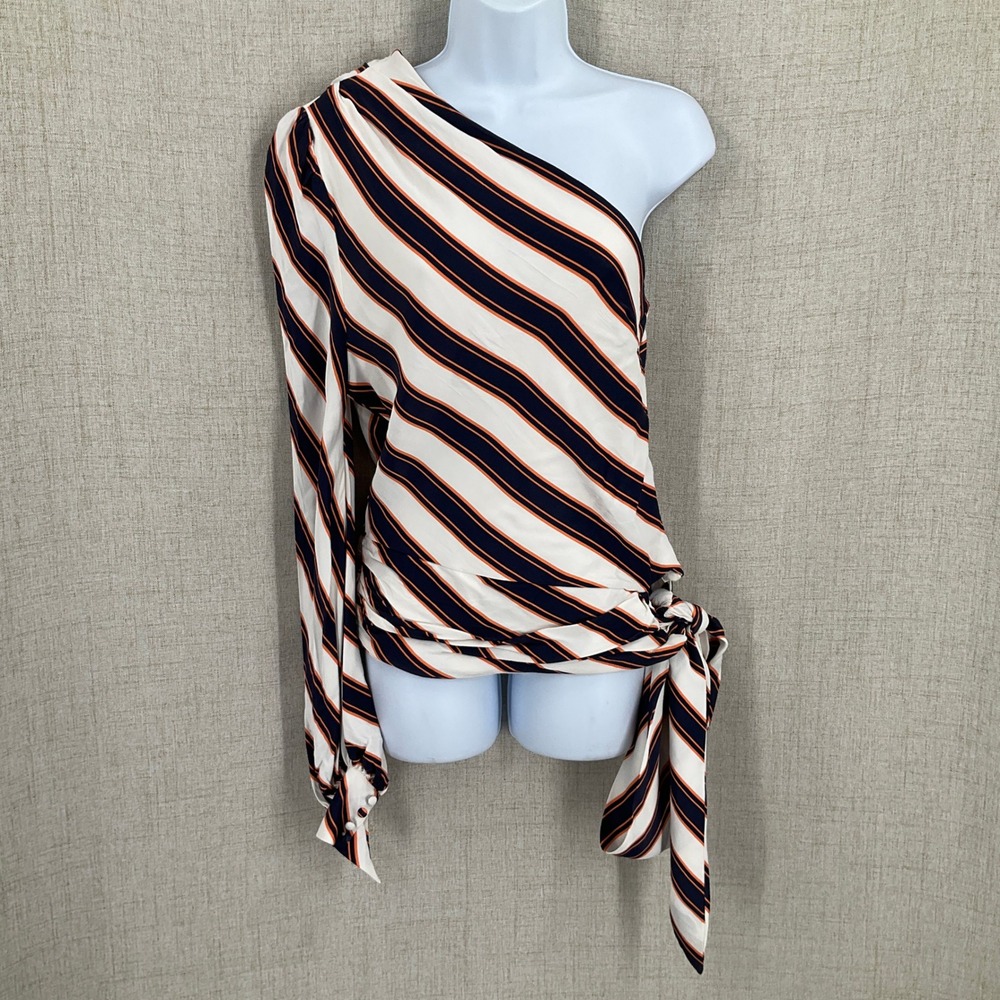 Maeve Anthropologie One Shoulder Blouse Women S White‎ Orange Blue Stripe Tie